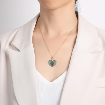 Real Green Jade Pendant Necklace for Women Donut/Heart/Clover/Teardrop/Rose/Lotus Flowers Genuine Jadeite Jewelry with Gold Plated 925 Sterling Silver Chain - style: Heart with yellow gold plated silver necklace