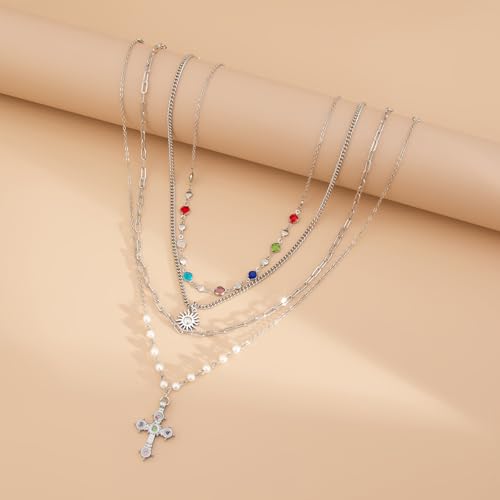MODRSA Gold Stacked Layered Necklaces for Women Pearl Pendant Charm Cross Lariat Slip Shell Starfish Y Chain Necklace Adjustable Silver Boho Jewelry Gifts for Women Summer Vacation Beach Accessories - color: A2- Layered cross pearl - Silver