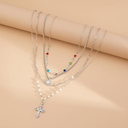 MODRSA Gold Stacked Layered Necklaces for Women Pearl Pendant Charm Cross Lariat Slip Shell Starfish Y Chain Necklace Adjustable Silver Boho Jewelry Gifts for Women Summer Vacation Beach Accessories - color: A2- Layered cross pearl - Silver