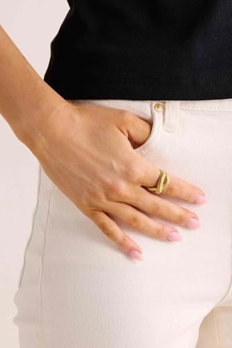 Minimalist Textured Twist Chunky Statement Ring,Gold Plated Stainless Steel Open Ribbed Band Stackable Chic Style Ring for Women - style: Style F