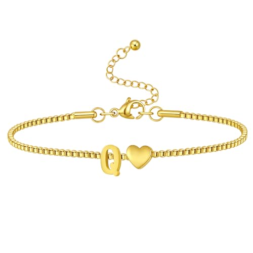 Gold Initial Bracelet for Women Dainty Personalized Name Bracelet | 14K Gold Plated, Letter A-Z Bracelet, Tiny Gold Initial Cute Heart Bracelet Jewelry Gift - color: Q