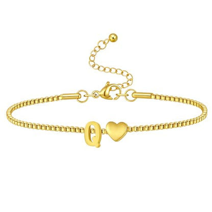 Gold Initial Bracelet for Women Dainty Personalized Name Bracelet | 14K Gold Plated, Letter A-Z Bracelet, Tiny Gold Initial Cute Heart Bracelet Jewelry Gift - color: Q