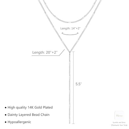 HERIER Lariat Gold Necklace for Women, Dainty Long Necklace 14k Gold Plated/Silver Y-Shaped Layered Beaded Chain Drop Necklaces for Women Trendy Simple Gold Jewelry for Women Gifts - color: Y Layered Bar-Silver