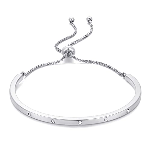 14K Gold Bracelets for Women Adjustable Slider Bracelet Bangle Bracelets for Women Trendy Chain Bracelet - color: Silver CZ Bar