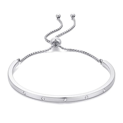 14K Gold Bracelets for Women Adjustable Slider Bracelet Bangle Bracelets for Women Trendy Chain Bracelet - color: Silver CZ Bar