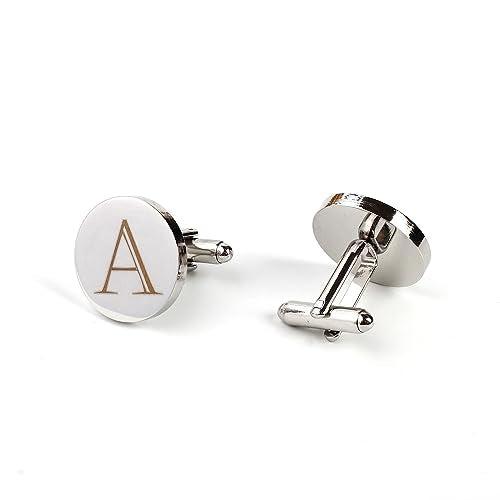 Mens Initial Silver Cufflinks A-Z Alphabet Letter Steel Cuff Links with Engraved Walnut Wood Box Groom Groomsman Wedding Set… - style: Classic-A