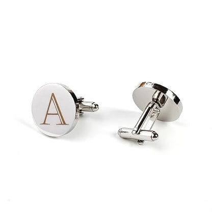 Mens Initial Silver Cufflinks A-Z Alphabet Letter Steel Cuff Links with Engraved Walnut Wood Box Groom Groomsman Wedding Set… - style: Classic-A