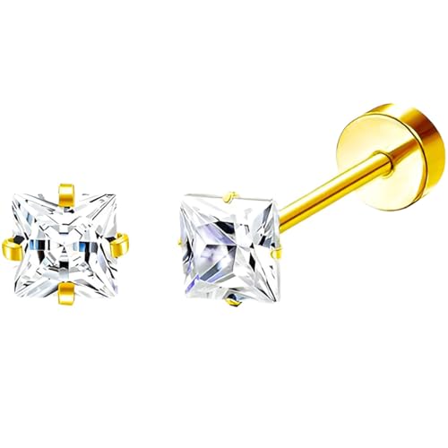 Stainless Steel Stud Earring 1 Pair Gold Flatback Earrings Hypoallergenic Screwback Jewellery Flat Back Helix Jewelry for Sensitive Ears Women Ladies Aretes De Mujer - style: Square