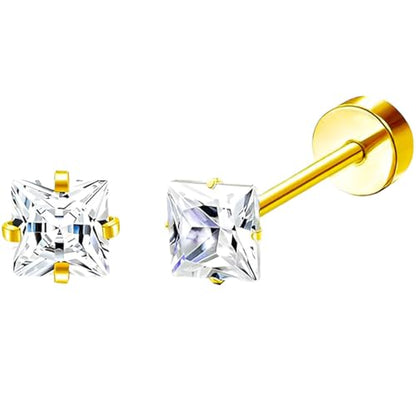 Stainless Steel Stud Earring 1 Pair Gold Flatback Earrings Hypoallergenic Screwback Jewellery Flat Back Helix Jewelry for Sensitive Ears Women Ladies Aretes De Mujer - style: Square