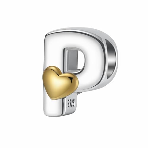 A~Z Alphabet Charm Letter Beads 925 Sterling Silver with Heart-shaped 5A Cubic Zircon Stones fits Pandora European Bracelets Necklace Jewelry Gift for Women - style: P Letter Charms