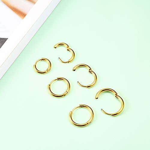 Surgical Stainless Steel Hoop Earrings 8mm/10mm/12mm Small Huggie Hoop Earrings for Women and Men - color: E: Gold (Diameter 8mm/10mm/12mm),3 Pairs