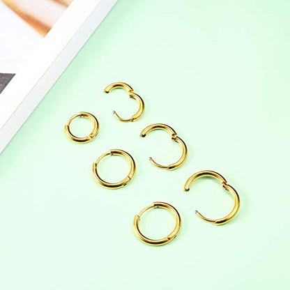 Surgical Stainless Steel Hoop Earrings 8mm/10mm/12mm Small Huggie Hoop Earrings for Women and Men - color: E: Gold (Diameter 8mm/10mm/12mm),3 Pairs
