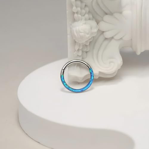 Opal Septum Jewelry Surgical Steel Septum Ring Daith Rook Tragus Earring | Hinged Segment Nose Hoop Ring,Hypoallergenic Septum Piercings for Women,Conch Cartilage Helix Jewelry,Diameter 6mm to 10mm - color: Silver,Blue Opal, size: 16G 10mm