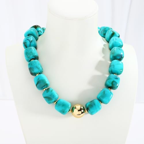 Chunky Colorful Beaded Choker Necklace for Women, Summer Beach Statement Resin Beads Necklace, Trendy Womens Summer Beach Jewelry Birthday Gifts for Vacation Holiday - color: Square Turquoise Bead