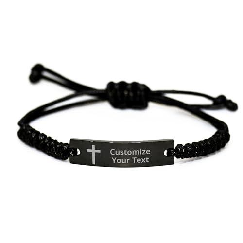 Personalized Christian Bible Verses Black Rope Bracelet Inspirational Scripture ID Cross Religious Quote Faith God Engraved Adjustable Customized Gifts for Men Women Kiss Him Husband Father Bois - style: Personalized (Cross+Text)