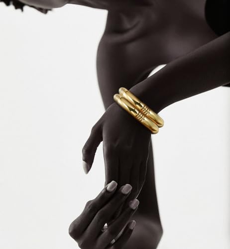 Gold Chunky Bangles Bracelets For Women 14k Gold Plated Stack Layered Curved Bamboo Tube Stretch Bracelets Gift Jewelry - color: 2pcs Gold