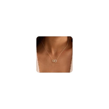 Gold Necklace for Women, Dainty 14K Gold Plated Pendant Necklaces for Women Trendy Simple Choker Chain Cubic Zirconia Circle/Interlocking/Sun/Pearl Necklace Fashion Jewelry Charm Gifts - color: Sun CZ Double Circle