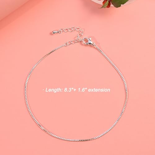 Ankle Bracelets for Women 14K Gold Plated Anklet Silver Anklets Waterproof Evil Eye Beaded Pearl Tennis Crystal Heart Cuba Link Chain Anklets Dainty Jewelry Gift for Her - color: Box Chain-Silver