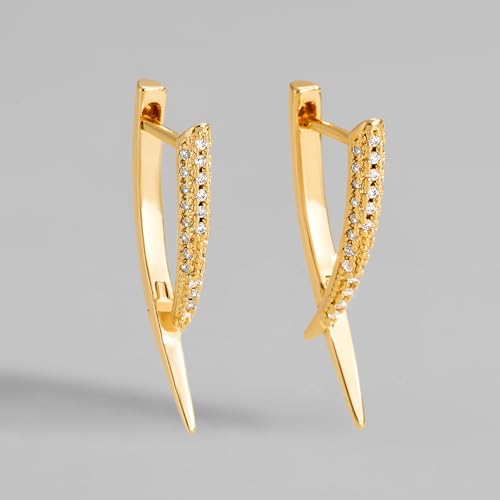 Dremmy Studios Dainty CZ Huggie Hoop Earrings 14K Gold Plated Chunky Simple Cute Thick Round Frill Bead Ball Starburst Cuff Earrings Cubic Zirconia Hoop Earrings Minimalist Personalized Gift for Her - color: Fangs