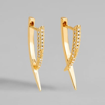 Dremmy Studios Dainty CZ Huggie Hoop Earrings 14K Gold Plated Chunky Simple Cute Thick Round Frill Bead Ball Starburst Cuff Earrings Cubic Zirconia Hoop Earrings Minimalist Personalized Gift for Her - color: Fangs