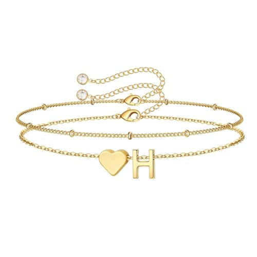 M MOOHAM Initial Bracelets for Women Teen Girls - Heart Letter A-Z Bracelet | Dainty 14K Gold Plated Jewelry, Heart Initial Bracelet, Bracelets for Women Girls Trendy, Birthday Gifts for Women Girls Her - color: Gold - H