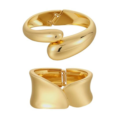 Emibele Cuff Bracelet Stack, 18K Gold-plated Open Bangle Bracelet, Teardrop Hinged Thick Wrist Chunky Bracelet Set for Women, Non Tarnish Jewelry Gift, 2 Pack - color: Gold Cuff