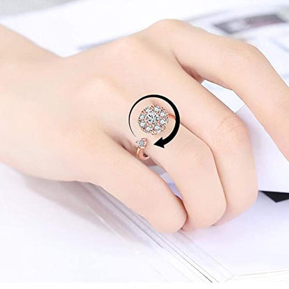 Fidget Rings for Anxiety, Womens Focus Spinner Ring, Discreet Boredom Relieving Ring Stacking Finger Promise Engagement Gift - color: Silver Band + Rose Band
