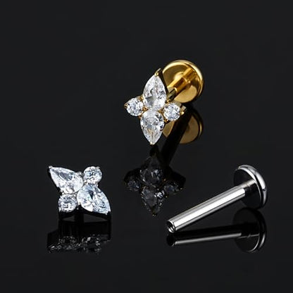 FINE4U 1PC ASTM F136 Titanium 16G Flatback Stud for Tragus, Helix, Conch 6mm 8mm - Screw on Cartilage Earring Piercing Jewelry - color: Four-Pointed Star B - Gold