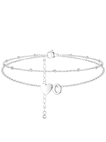 Ankle Bracelets for Women Waterproof 14K Gold/Silver/Black Initial Anklet for Women Dainty Layered Heart Ankle Bracelets Stainless Steel Adjustable Foot Chain Anklet Summer Beach Jewelry - color: O-Silver