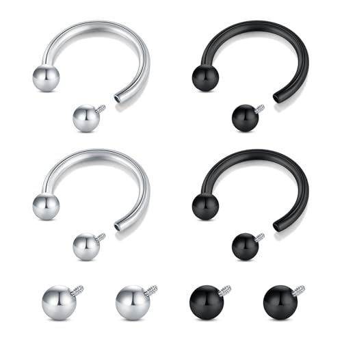 Longita Internally Threaded Septum Ring Silver Black Gold Septum Rings 16G Septum Piercing Surgical Steel Septum Jewelry Septum Nose Rings 16 Gauge Small Septum Ring Horseshoe with Replacement Balls - color: C2-silver+black-10mm