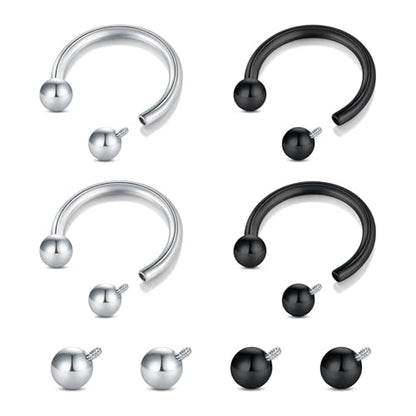 Longita Internally Threaded Septum Ring Silver Black Gold Septum Rings 16G Septum Piercing Surgical Steel Septum Jewelry Septum Nose Rings 16 Gauge Small Septum Ring Horseshoe with Replacement Balls - color: C2-silver+black-10mm