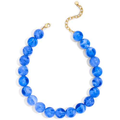 Chunky Beaded Choker Necklace for Women Boho Statement Necklace with Large Pearl Blue Brown Tone Resin Beads Summer Beach Jewelry Gifts - color: Light Blue