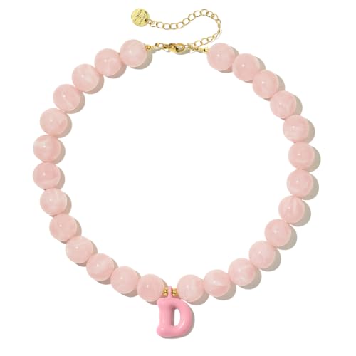 DoDoBeads Chunky Colorful Beaded Initial Necklace, Bubble Letter Choker | Gift box and dust pouch included; waterproof and sweat-resistant with real gold plated stainless steel hardware - color: Pink-D