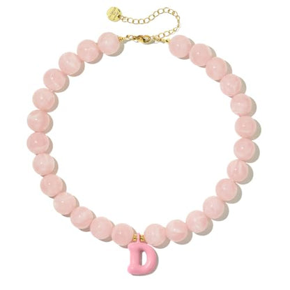 DoDoBeads Chunky Colorful Beaded Initial Necklace, Bubble Letter Choker | Gift box and dust pouch included; waterproof and sweat-resistant with real gold plated stainless steel hardware - color: Pink-D