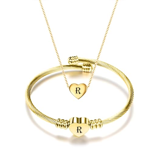 MYNENEY Necklace and Bracelet for Women Stainless Steel Initial Jewelry Set - color: Gold-R