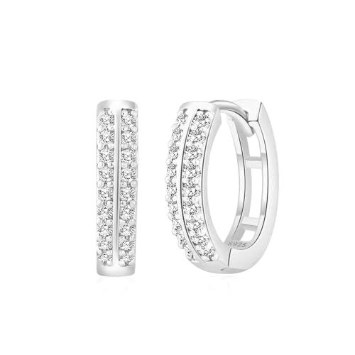 RANKEEF Small Rhinestone Hoop Earrings 925 Silver Everyday Cartilage Hoops Hypoallergenic Dainty 14K Gold Plated Huggie Sparkle Double Row Cubic Zirconia Hoop Earrings 10/15/20/25mm - color: Silver, size: 10mm