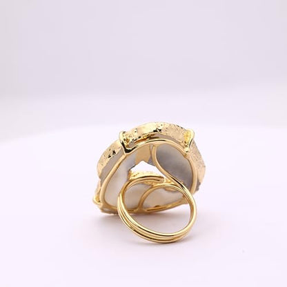 Ring Geode Druzy Slice Unique And Stylish Statement Gold Plated Jewelry Natural Gemstone Stone size 25-35 mm Approximately Adjustable Shank US Scale Size 6-9 - color: Gray, 4