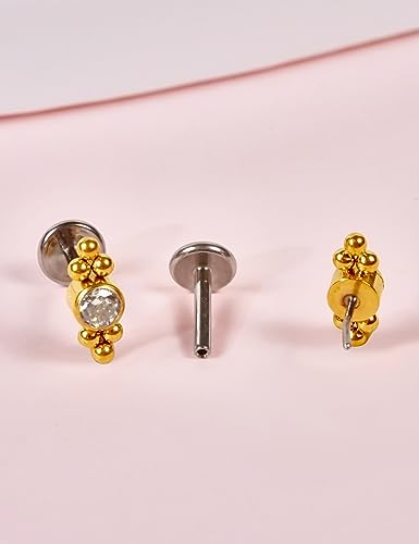 limerencia G23 Hypoallergenic 18g Flat Back Stud Earrings | F136 Implant Grade Titanium Pressfit Threadless Push Pop in Cartilage Helix Labret Lip Monroe Tragus Flat Back Piercing Studs - color: Deux Gold