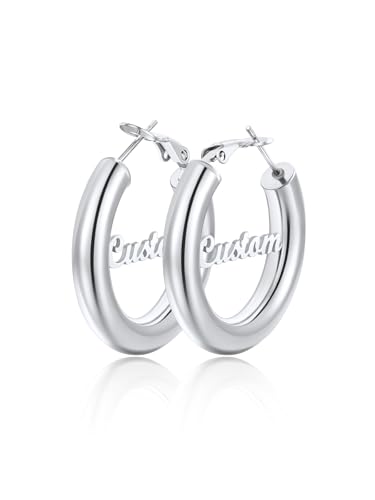 FindChic Hoop Earrings for Women, Silver/Black/14K Gold Plated Hypoallergenic Hollow Round Tube Loop Earrings, 20mm/30mm/40mm/60mm/80mm Chunky Hoops with Custom Name Options & Gift Box - color: e.Silver (Custom Name), size: 30MM