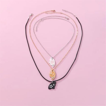 3pcs Friendship Moon Sun Star Puzzle Matching Necklace Set Gold Silver Plated Cute Crescent Round Circle Geometric Best Friend BFF Pendant Necklace for 3 Women Sisters Daughter Birthday Jewelry Gifts - color: Mixed color