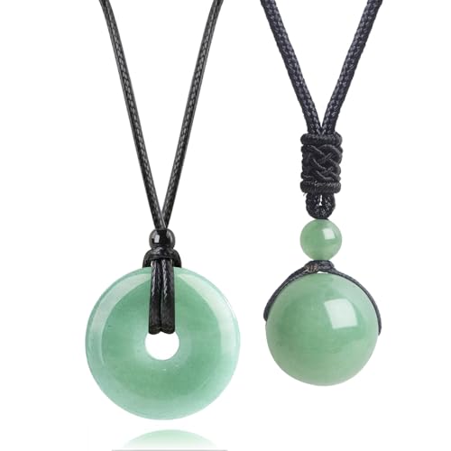 2pcs Natural Crystal Stone Lucky Coin Crystal Necklace Donut Pendnat, 16mm Stone Bead Pendant for Women and Men Necklace - color: Green Aventurine