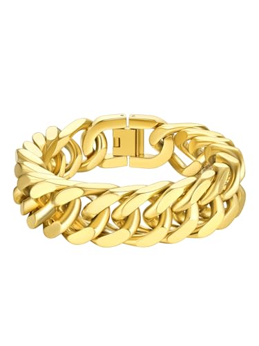 Richsteel Mens Cuban Link Bracelets, Silver/Black/14K Gold Plated Stainless Steel Bracelet for Men 8/12/17mm Width, 7.4/8.2/9 Inch Length Chain Wrist Bracelets With Gifts Box - style: 08-Gold Plated 17mm Width