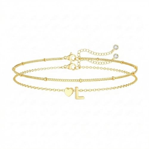 Gold Initial Bracelets for Women Trendy, Dainty Layered 14K Gold Plated Heart Letter Charm Bracelets, letter beads for name bracelets Jewelry Gifts - color: Gold-L