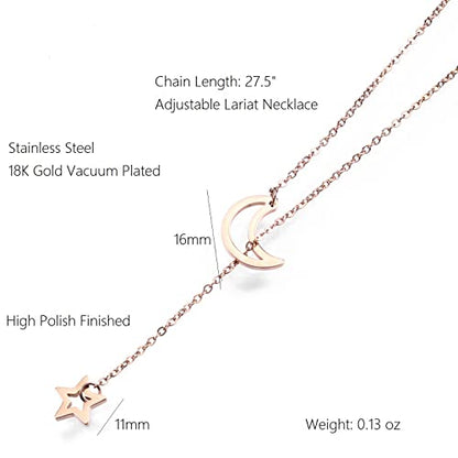 18K Gold Plated Stainless Steel Bee Honeycomb Pendant Necklace, Adjustable Y Lariat Conch/Guitar/Horseshoe Necklace for Women - color: Silver, style: Moon Star