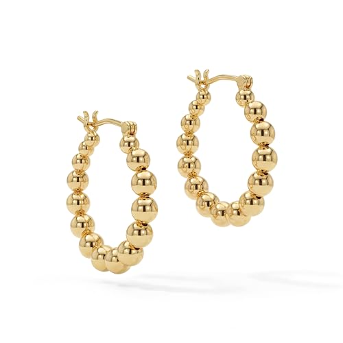 MEVECCO Chunky Huggie Hoop Earrings for Women Starburst Beaded Styles | 18K Gold Plated Brass, Triple Or Single Cubic Zirconia Star Details, Graduated Rounded Profile, Front Stone Row - style: Beaded Hoop GD