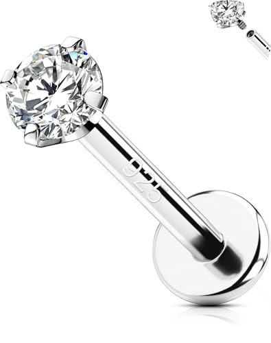 OUFER 925 Sterling Silver Flat Back Earrings, Clear CZ 16G Helix Piercing Jewelry, Silver Internally Threaded Cartilage Earrings Stud, Silver Lip Labret Rings for Women - color: Silver-3mm