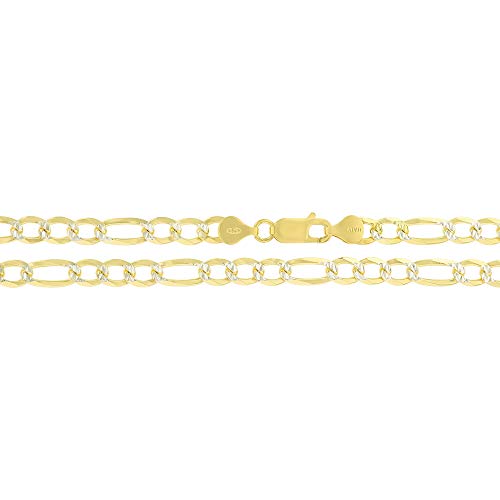 14K Gold or Rhodium Plated Silver Figaro Diamond Cut Pave Chain For Men | 1mm-13mm Thick | Solid 925 Figaro Italian Necklaces For Men - style: 5.80MM- Yellow & White