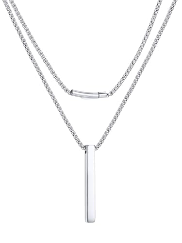PROSTEEL Bar Pendant Necklace for Men with Box Chain, Minimalist Jewelry | 316L Stainless Steel, 3 Bar Pendant Sizes (30/40/50mm), 5 Chain Lengths (16"–24"), Silver/Black/18K Gold Plated, Gift Box - color: Silver, size: 22", style: Rectangle-Large