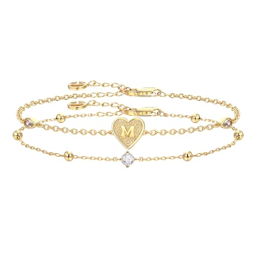 Cicy Bell Gold Heart Initial Bracelets for Women Gifts Dainty 18K Gold Plated Cubic Zirconia Personalized A-Z Name Chain Link Charm Bracelet Non Tarnish Birthday Jewelry Gifts for Her - color: Style 1-M-Gold