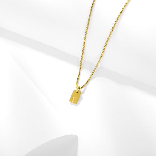Gold Plated Square Initial Necklace Waterproof A-Z Letter Pendant on Thin Chain - Dainty, Stackable Jewelry for Women - color: Golden-B, size: F